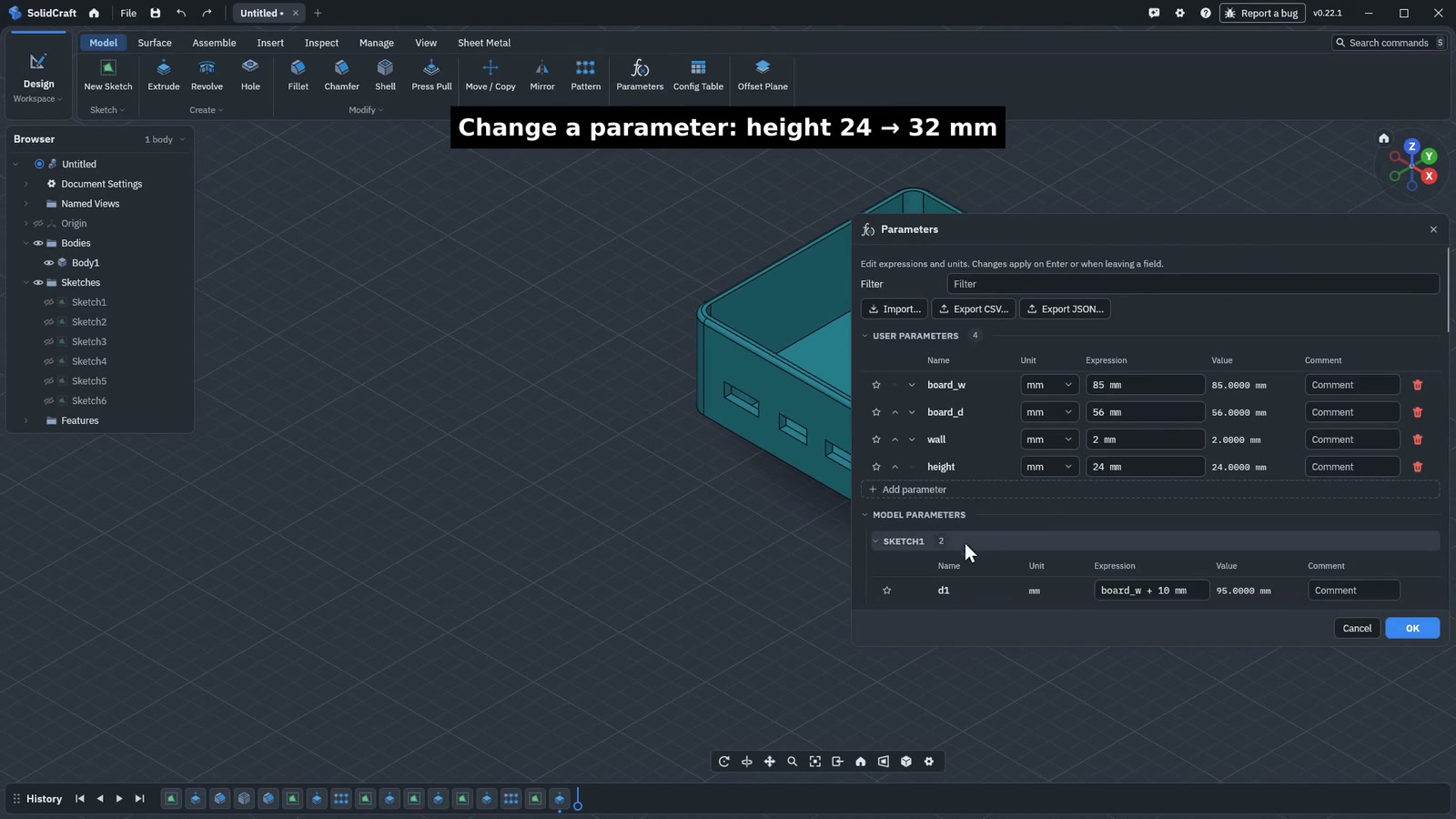 The Parameters panel with board dimensions, wall thickness, and enclosure height